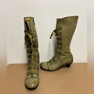 BRAKO Victorian Style Tall Lace Up Green Genuine Leather Heeled Boots Size 39